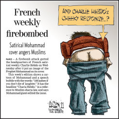 CHARLIE HEBDO FIREBOMBED by Aislin