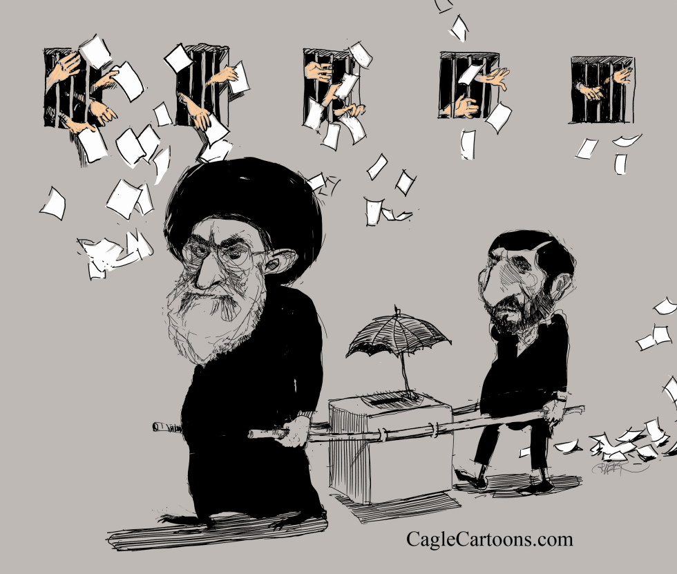  KHAMENEI AND AHMADINEJAD CARRYING BALLOT BOX by Riber Hansson