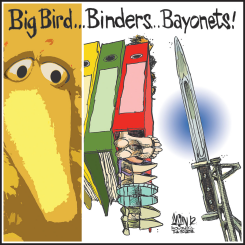 BIG BIRD, BINDERS AND BAYONETS by Aislin