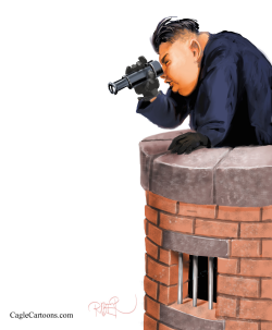 KIM JONG UN LOOKING IN WRONG END OF BINOCULAR by Riber Hansson