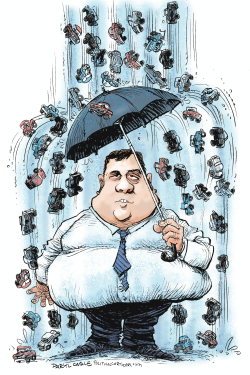 CHRIS CHRISTIE TRAFFIC JAM UMBRELLA by Daryl Cagle