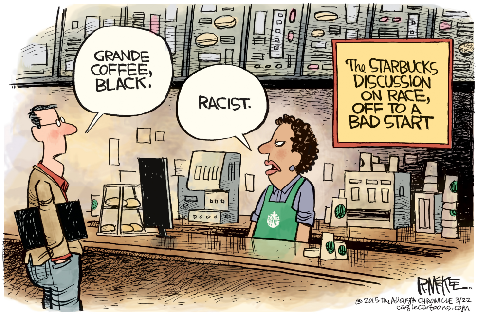  STARBUCKS RACE TALK by Rick McKee