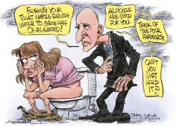 GOVERNOR BROWN SAVING WATER IN THE BATHROOM by Daryl Cagle