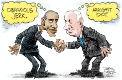 OBAMA AND NETANYAHU SHAKE HANDS by Daryl Cagle