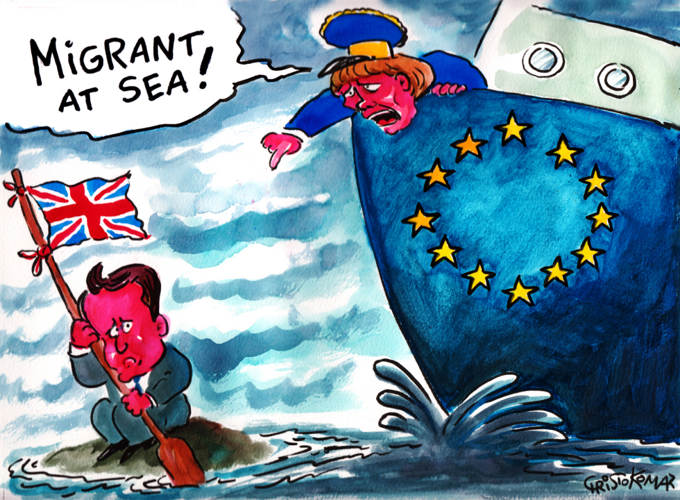  CAMERON BRITAIN MERKEL EU AND MIGRANTS AT SEA by Christo Komarnitski