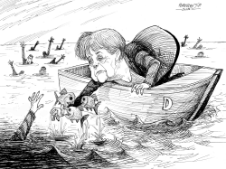 MERKEL AND REFUGEE PIRANHAS by Petar Pismestrovic