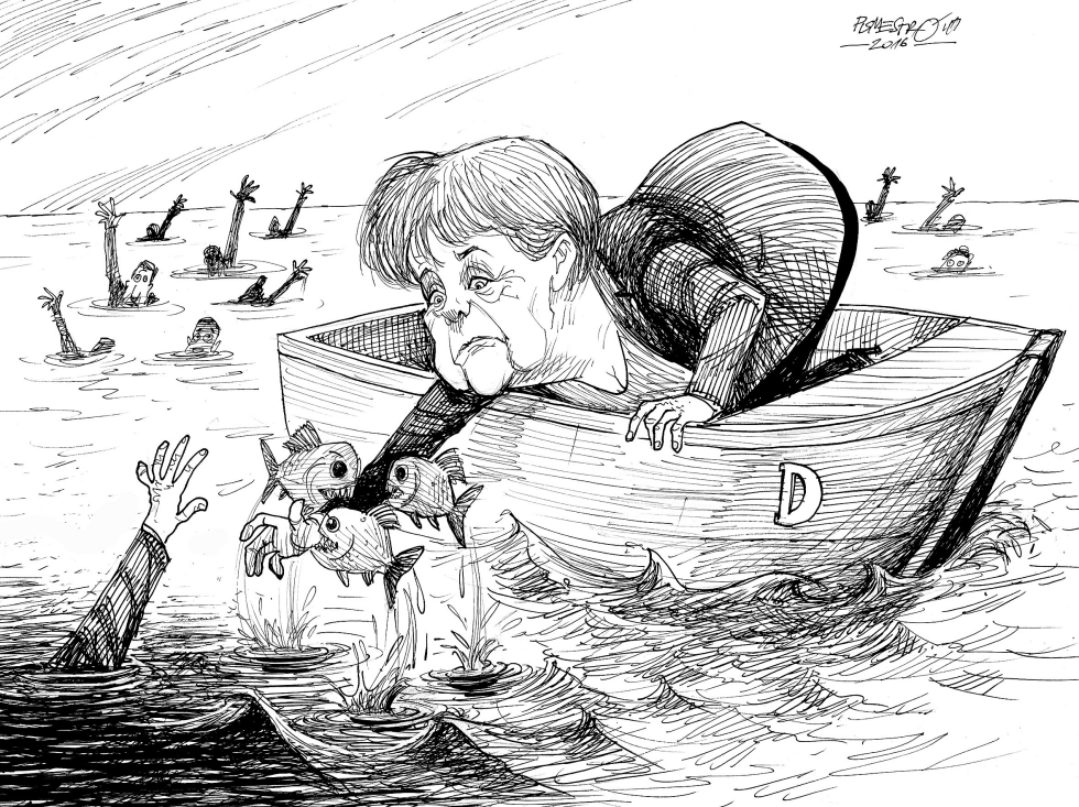  MERKEL AND REFUGEE PIRANHAS by Petar Pismestrovic