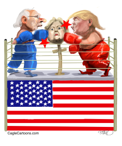 SANDERS, HILLARY AND TRUMP IN BOXING RING by Riber Hansson