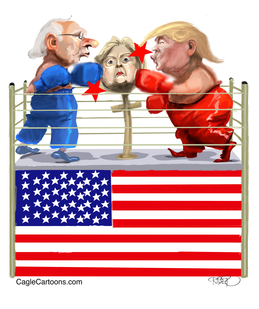  SANDERS, HILLARY AND TRUMP IN BOXING RING by Riber Hansson