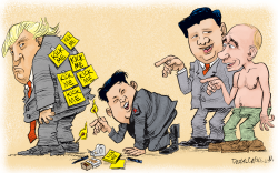 XI, PUTIN, LITTLE KIM AND TRUMP - KICK ME by Daryl Cagle