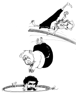 SHARON DIVING ON PERETZ NETANYAHU SHAKING by Riber Hansson