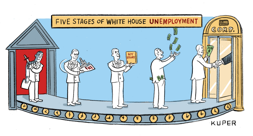  FIVE STAGES OF WHITE HOUSE UNEMPLOYMENT by Peter Kuper