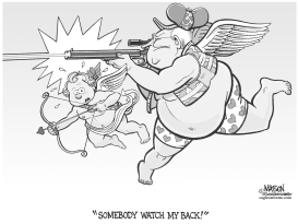 CUPID HUNTING WITH DICK CHENEY-GRAYSCALE by RJ Matson