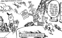 DEFENSIVE SECRETARY RUMSFELD by Mike Keefe