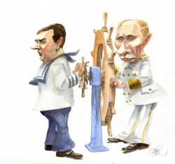 PUTIN AND MEDVEDEV IN FRONT OF STEERING  WHEEL by Riber Hansson