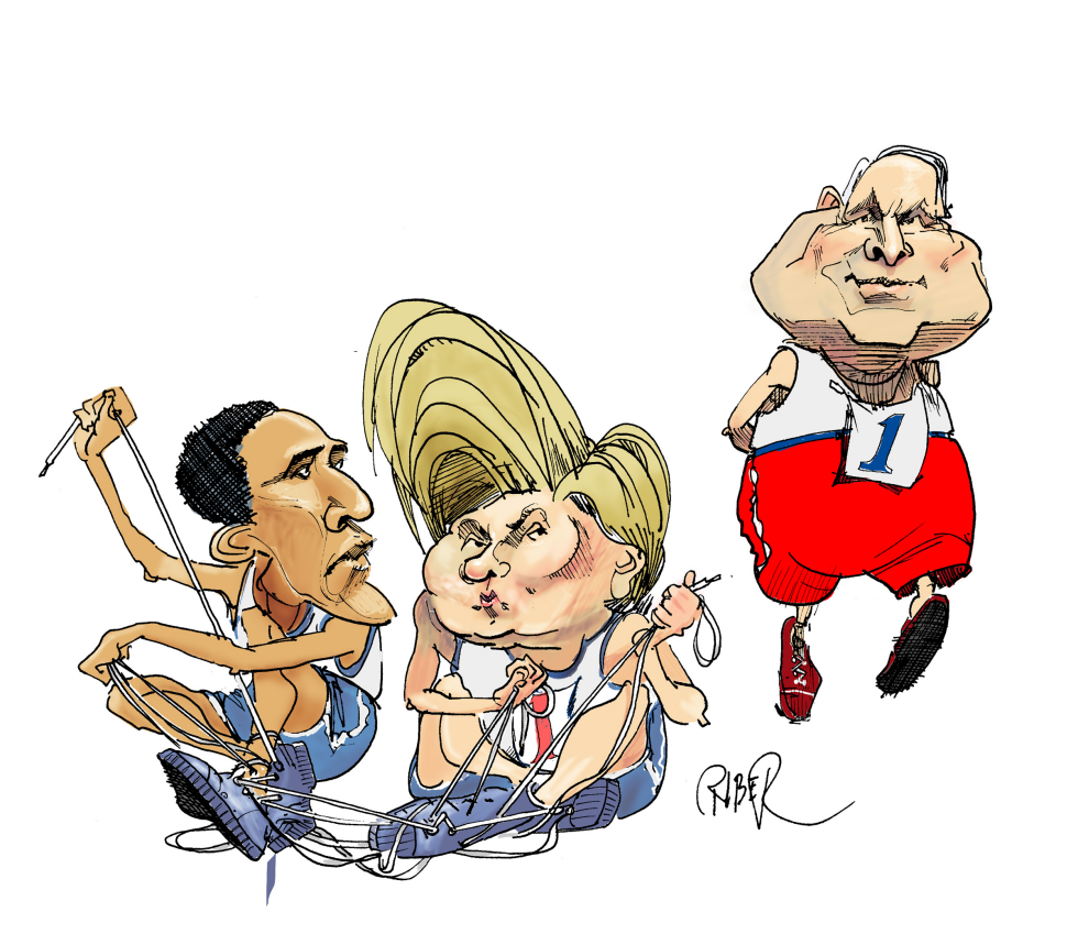  HILLARY AND OBAMA IN TROUBLE WITH SHOESTRINGS by Riber Hansson