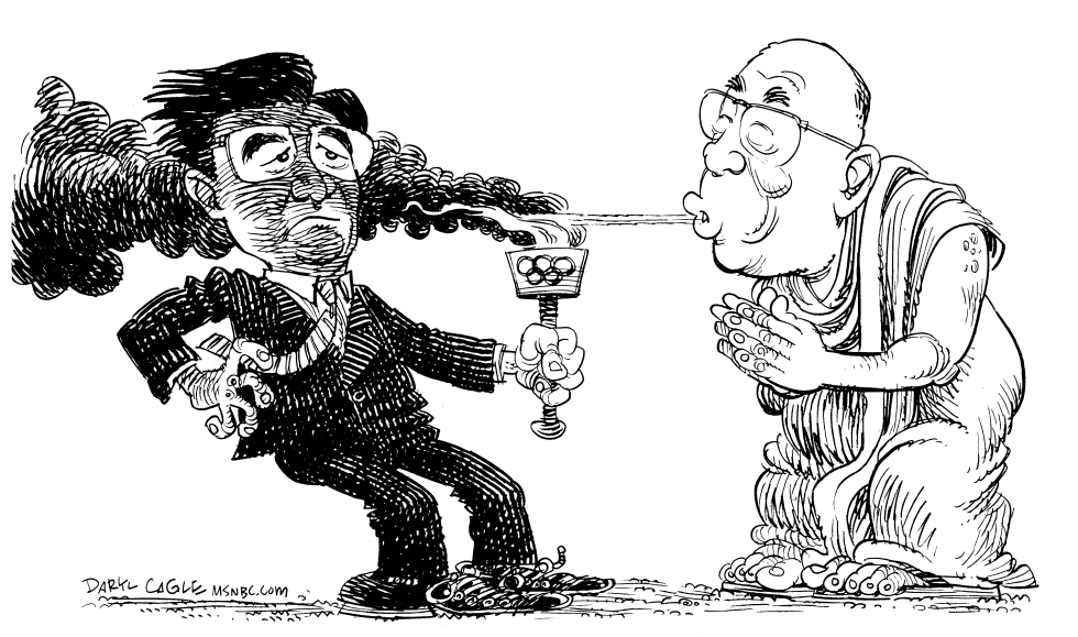  TORCH, HU JINTAO AND DALAI LAMA by Daryl Cagle