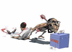 MUGABE HAULING A MAN TOWARDS BALLOT BOX by Riber Hansson