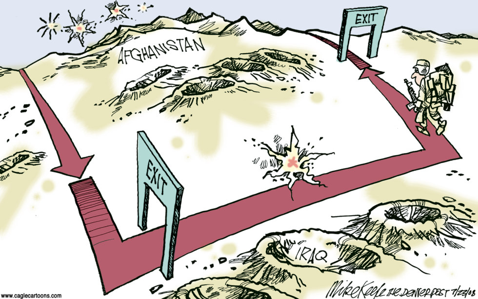  EXITING INTO AFGHANISTAN by Mike Keefe