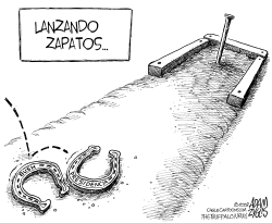 EL PRESIDENTE BUSH LANZANDO, ZAPATOS by Adam Zyglis