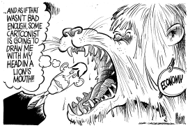 OBAMA HEAD IN LION MOUTH CARTOON by Mike Lane