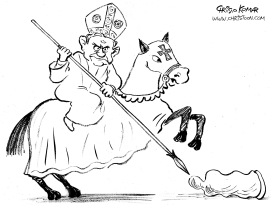 POPE FIGHTS EVIL CONDOM - B&W by Christo Komarnitski