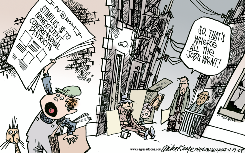  STIMULUS TO NONEXISTENT DISTRICTS by Mike Keefe