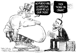 BASCULA DE PESO PESADO PARA EL PRESUPUESTO DE OBAMA by Daryl Cagle