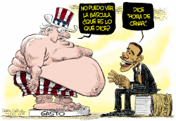 BASCULA DE PESO PESADO PARA EL PRESUPUESTO DE OBAMA  by Daryl Cagle