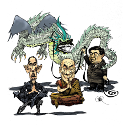 OBAMA, DALAI LAMA AND HU JINTAO WITH DRAGON by Riber Hansson