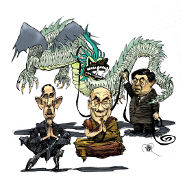 OBAMA, DALAI LAMA AND HU JINTAO WITH DRAGON by Riber Hansson