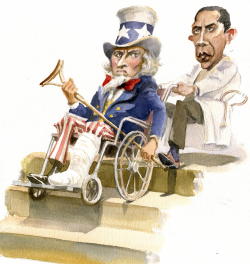 OBAMA PULLING UNCLE SAM IN WHEEL CHAIR by Riber Hansson