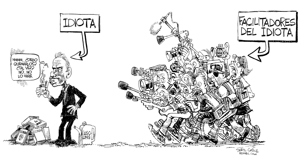  MEDIOS PERSIGUIENDO AL PASTOR IDIOTA by Daryl Cagle