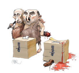 LUKASHENKO AND PUTIN WITH BALLOT BOXES by Riber Hansson