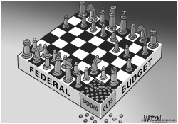 FEDERAL BUDGET CUTS CHESS AND CHECKERS BOARD by RJ Matson