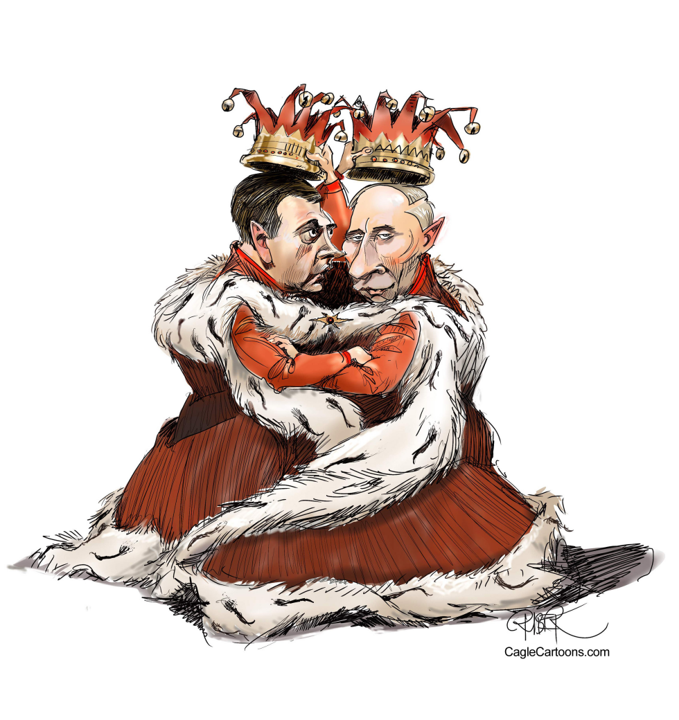  PUTIN AND MEDVEDEV EXCHANGING HATS by Riber Hansson