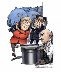 MERKEL AND SARKOZY DELIVERING EURO by Riber Hansson